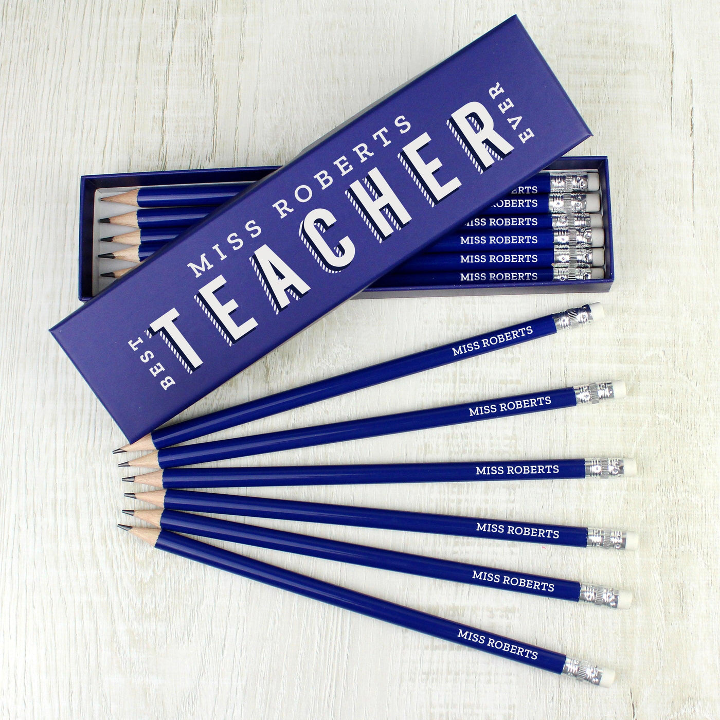 Personalised Best Teacher Ever Box and 12 Blue HB Pencils - Shop Personalised Gifts
