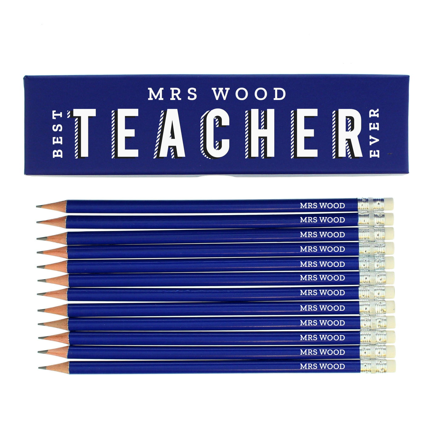 Personalised Best Teacher Ever Box and 12 Blue HB Pencils - Shop Personalised Gifts