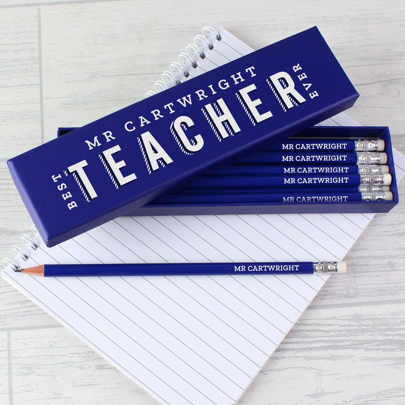 Personalised Best Teacher Ever Box and 12 Blue HB Pencils - Shop Personalised Gifts