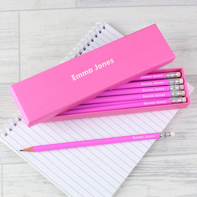 Personalised Name Only Box and 12 Pink HB Pencils - Shop Personalised Gifts