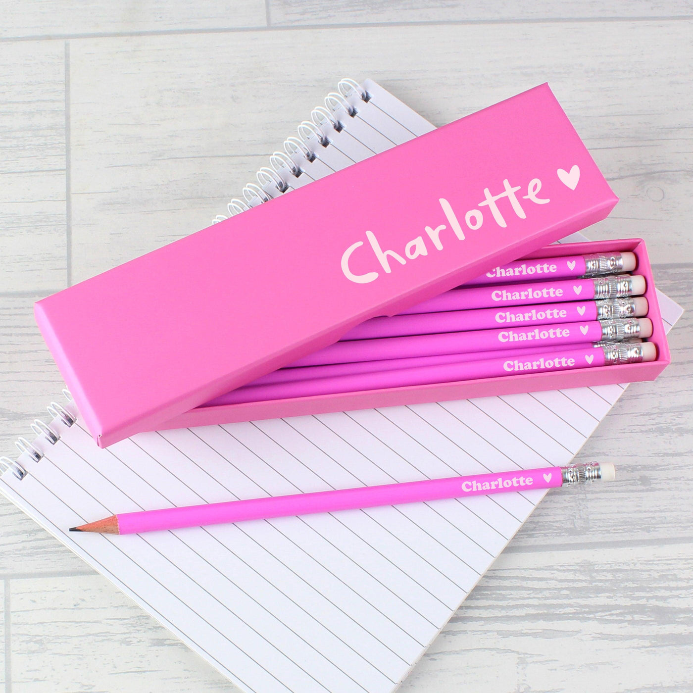Personalised Heart Box and 12 Pink HB Pencils - Shop Personalised Gifts