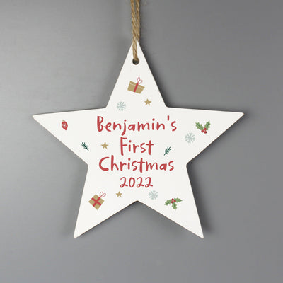 Personalised First Christmas Wooden Star Decoration - Shop Personalised Gifts