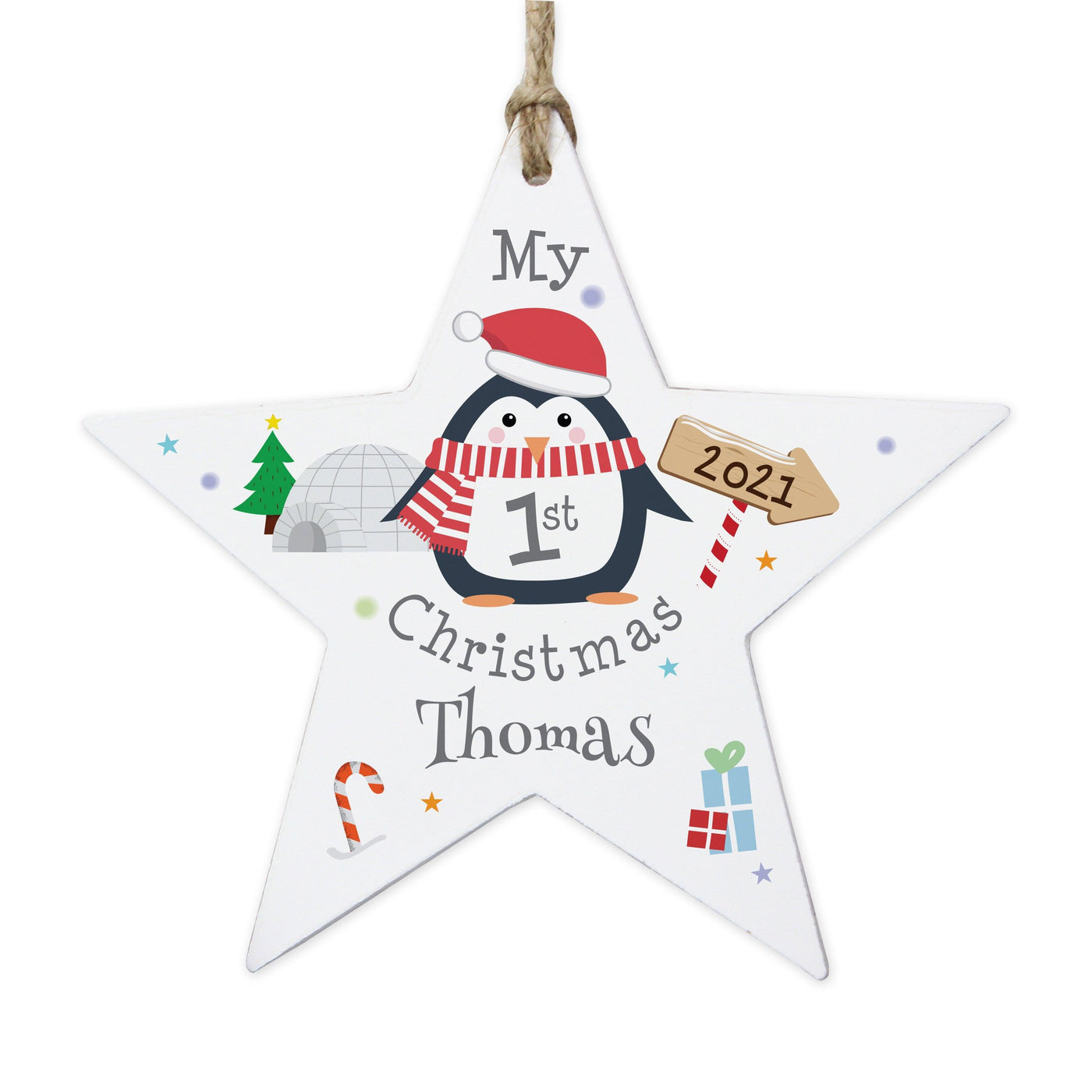 Personalised 1st Christmas Penguin Wooden Star Decoration - Shop Personalised Gifts