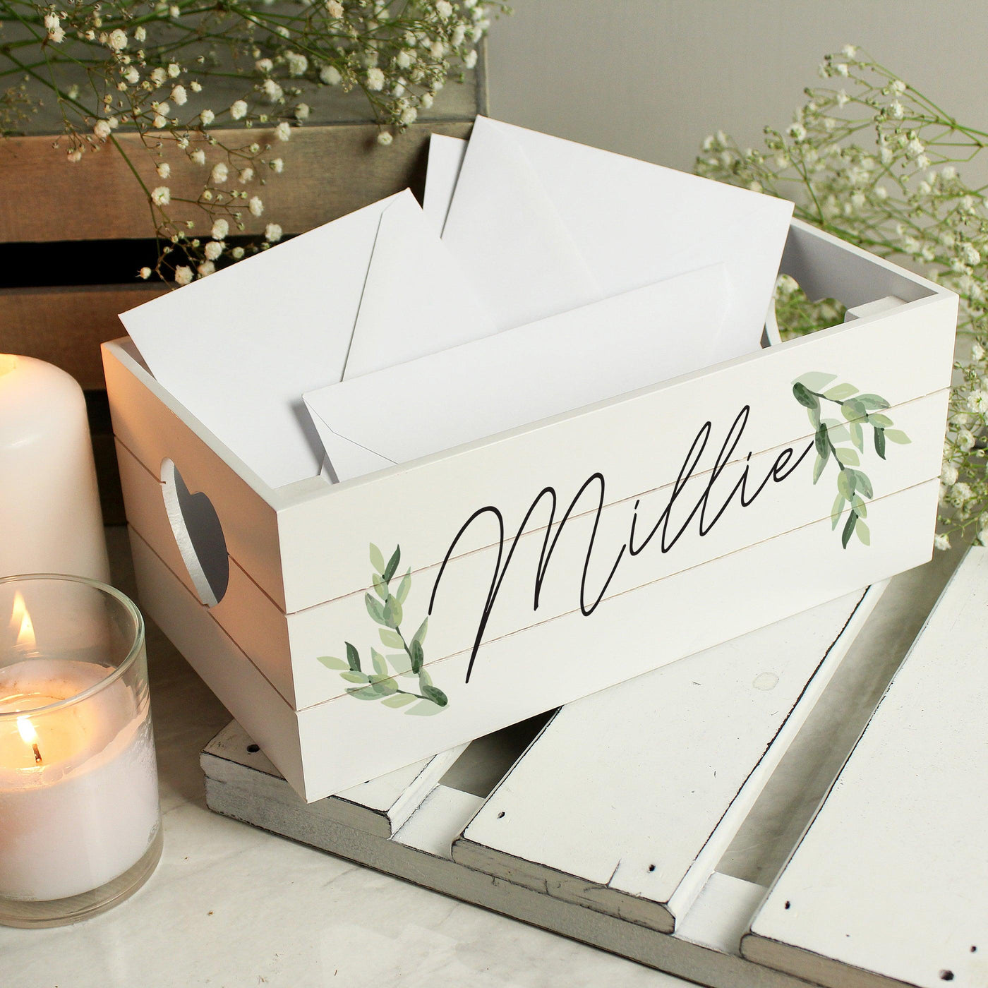 Personalised Name Only Botanical White Wooden Crate - Shop Personalised Gifts