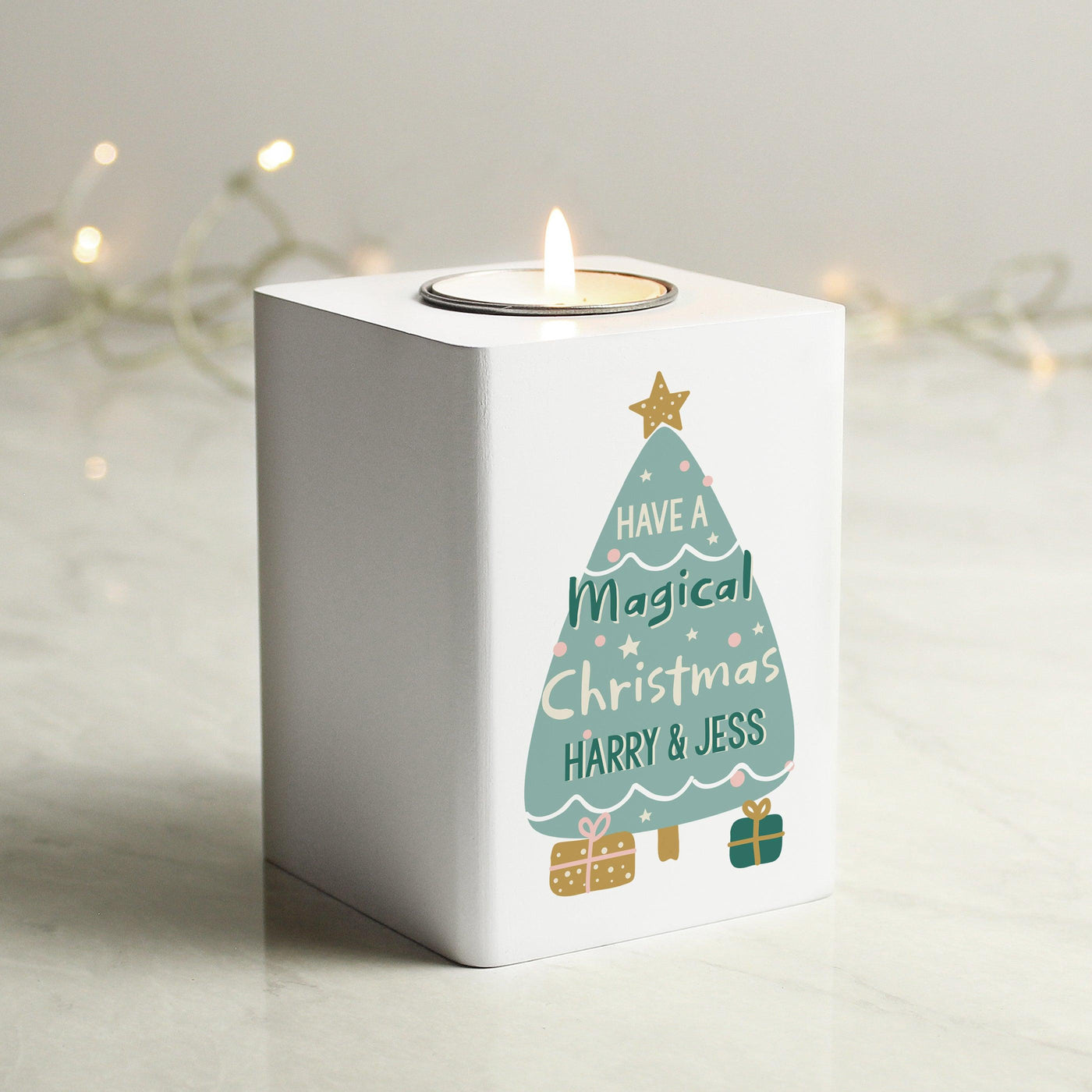 Personalised Christmas Tree White Wooden Tea light Holder - Shop Personalised Gifts
