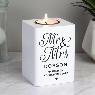 Personalised Mr & Mrs White Wooden Tea light Candle Holder - Shop Personalised Gifts