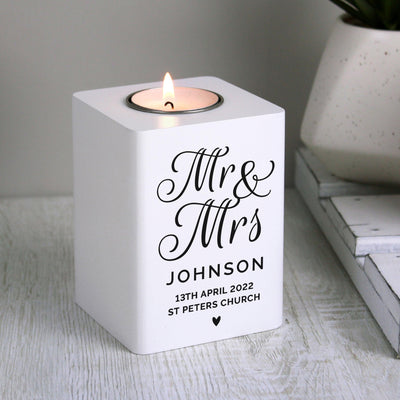 Personalised Mr & Mrs White Wooden Tea light Candle Holder - Shop Personalised Gifts