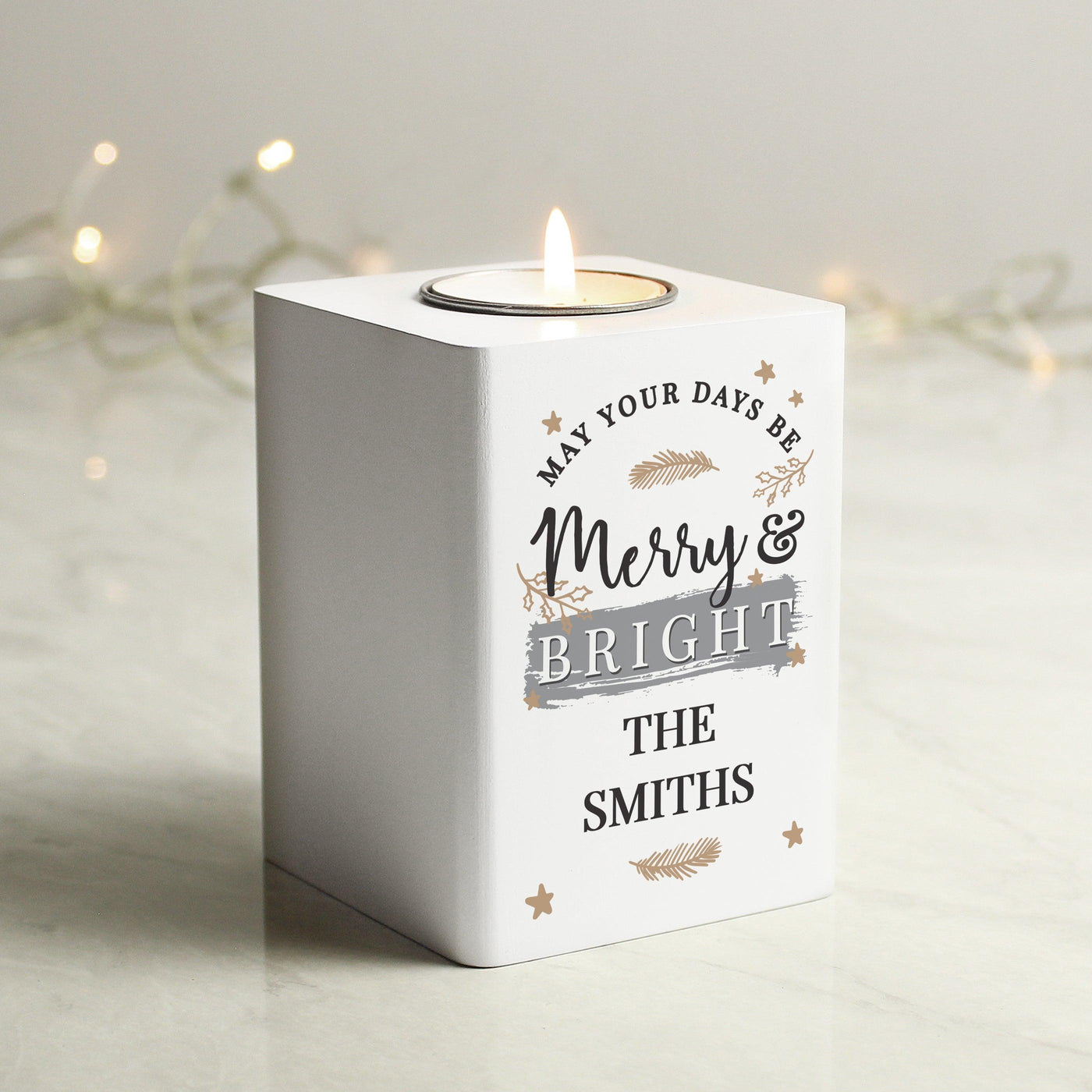 Personalised Merry & Bright White Wooden Tea light Holder - Shop Personalised Gifts