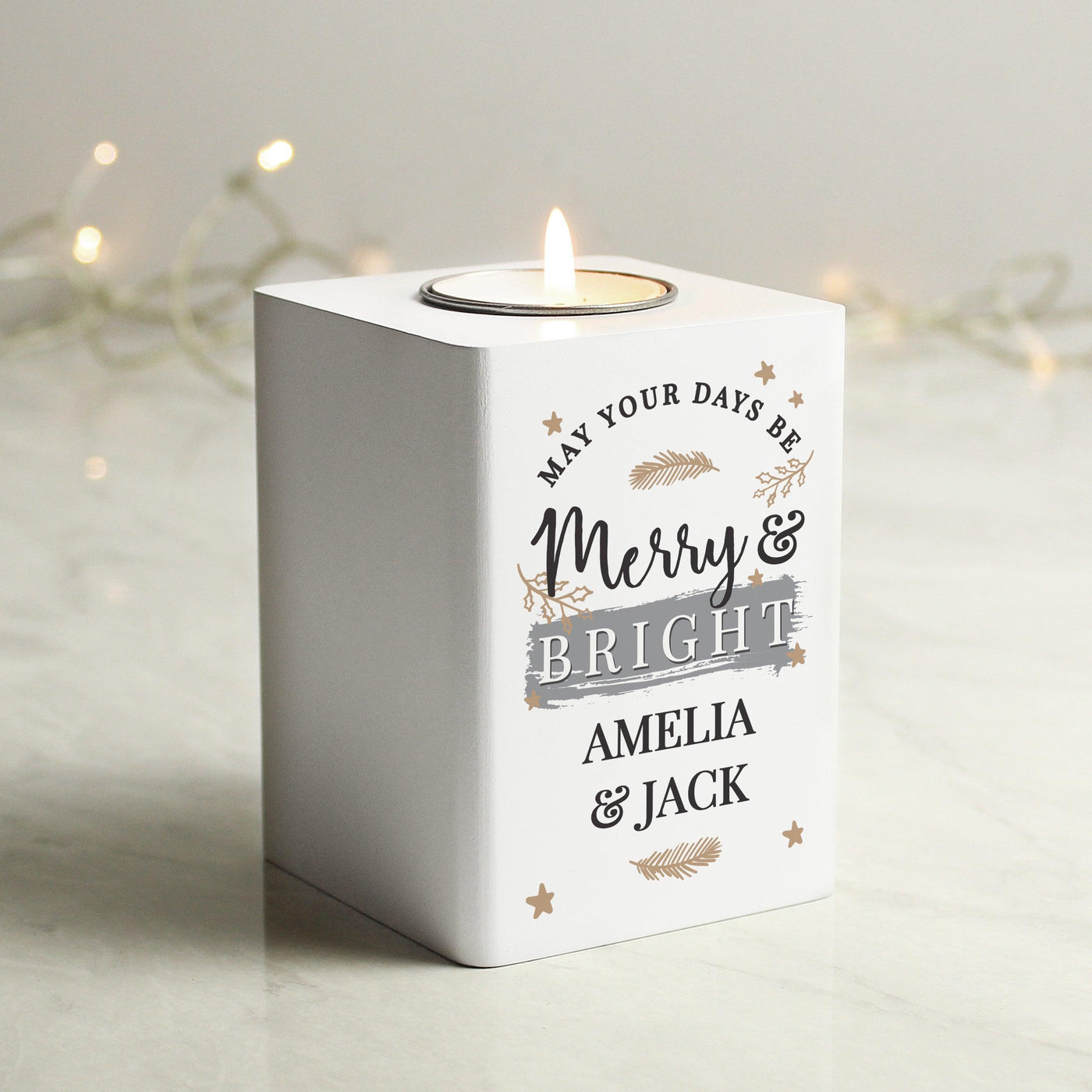 Personalised Merry & Bright White Wooden Tea light Holder - Shop Personalised Gifts