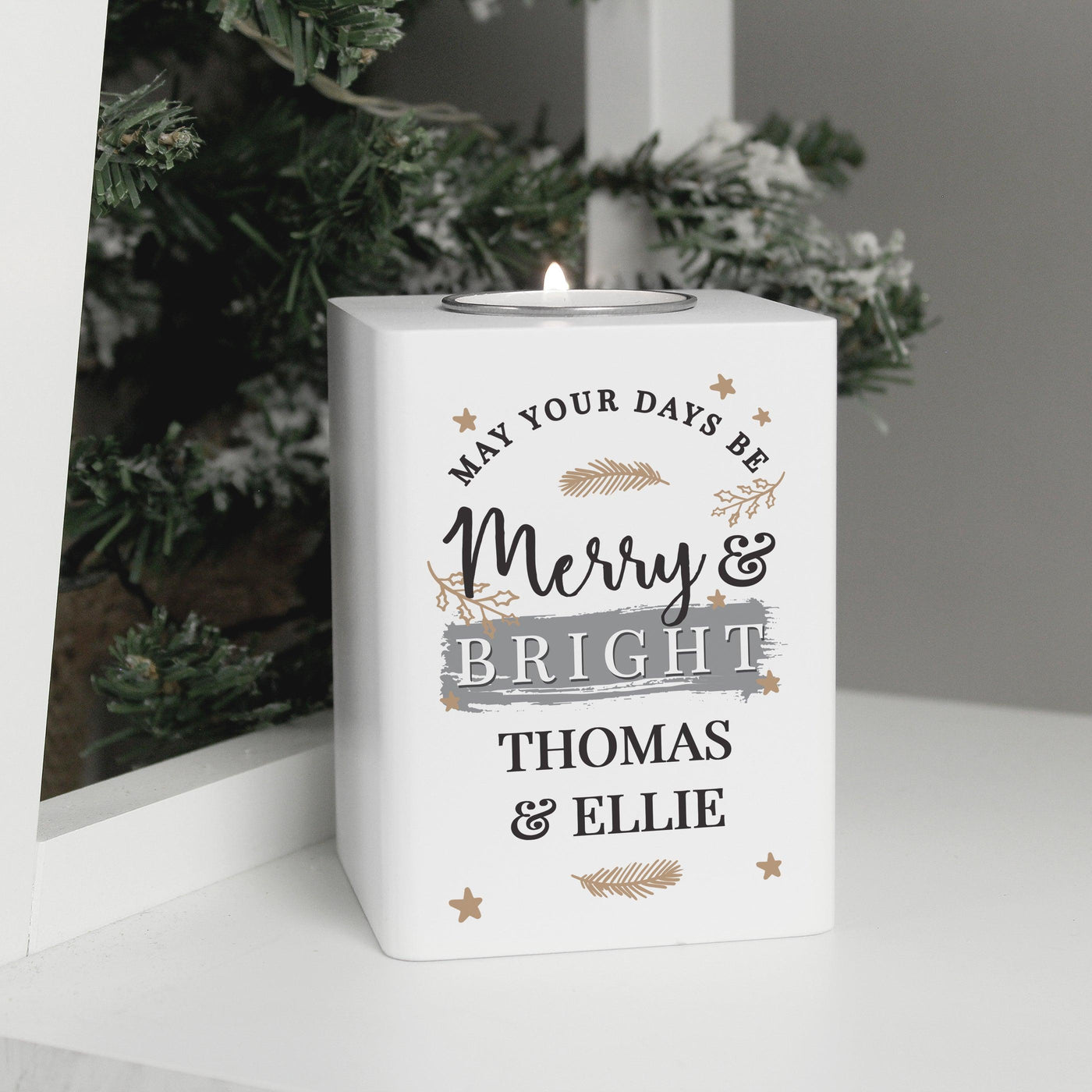 Personalised Merry & Bright White Wooden Tea light Holder - Shop Personalised Gifts