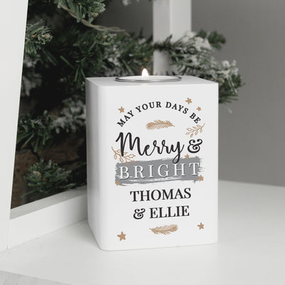 Personalised Merry & Bright White Wooden Tea light Holder - Shop Personalised Gifts