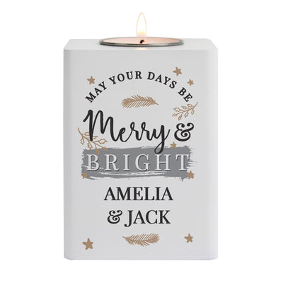 Personalised Merry & Bright White Wooden Tea light Holder - Shop Personalised Gifts