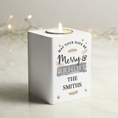 Personalised Merry & Bright White Wooden Tea light Holder - Shop Personalised Gifts