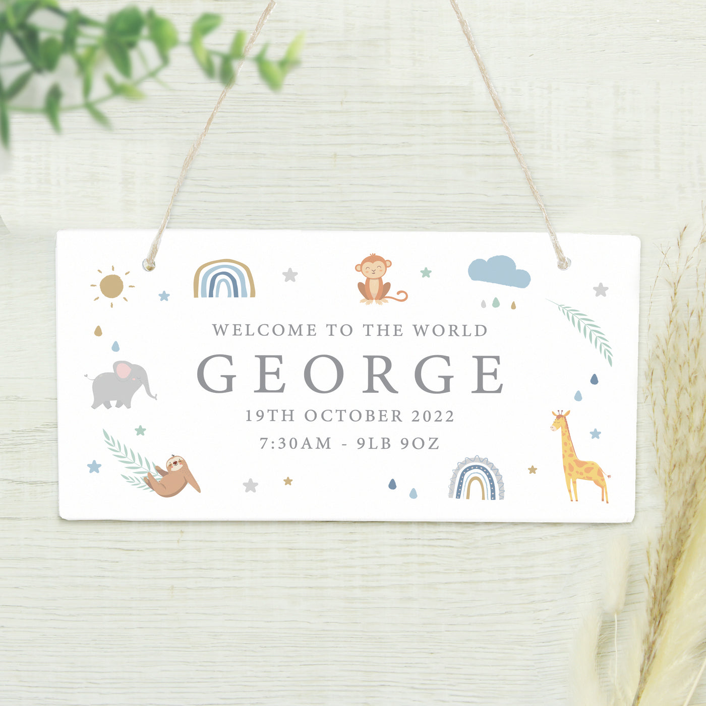 Personalised Safari Animals Wooden Sign Hanging Decoration