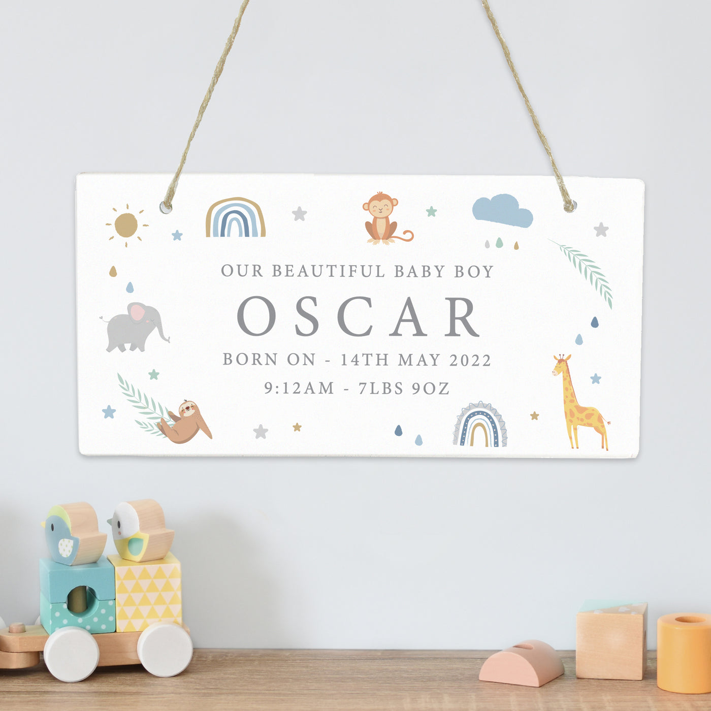 Personalised Safari Animals Wooden Sign Hanging Decoration