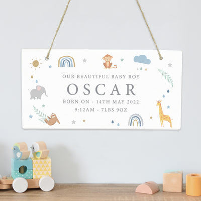 Personalised Safari Animals Wooden Sign Hanging Decoration