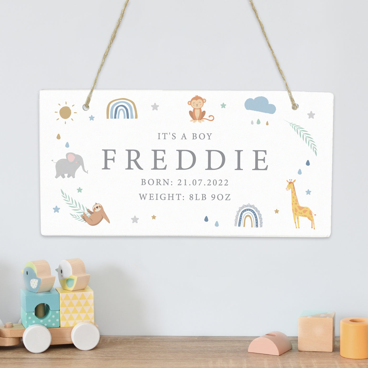 Personalised Safari Animals Wooden Sign Hanging Decoration