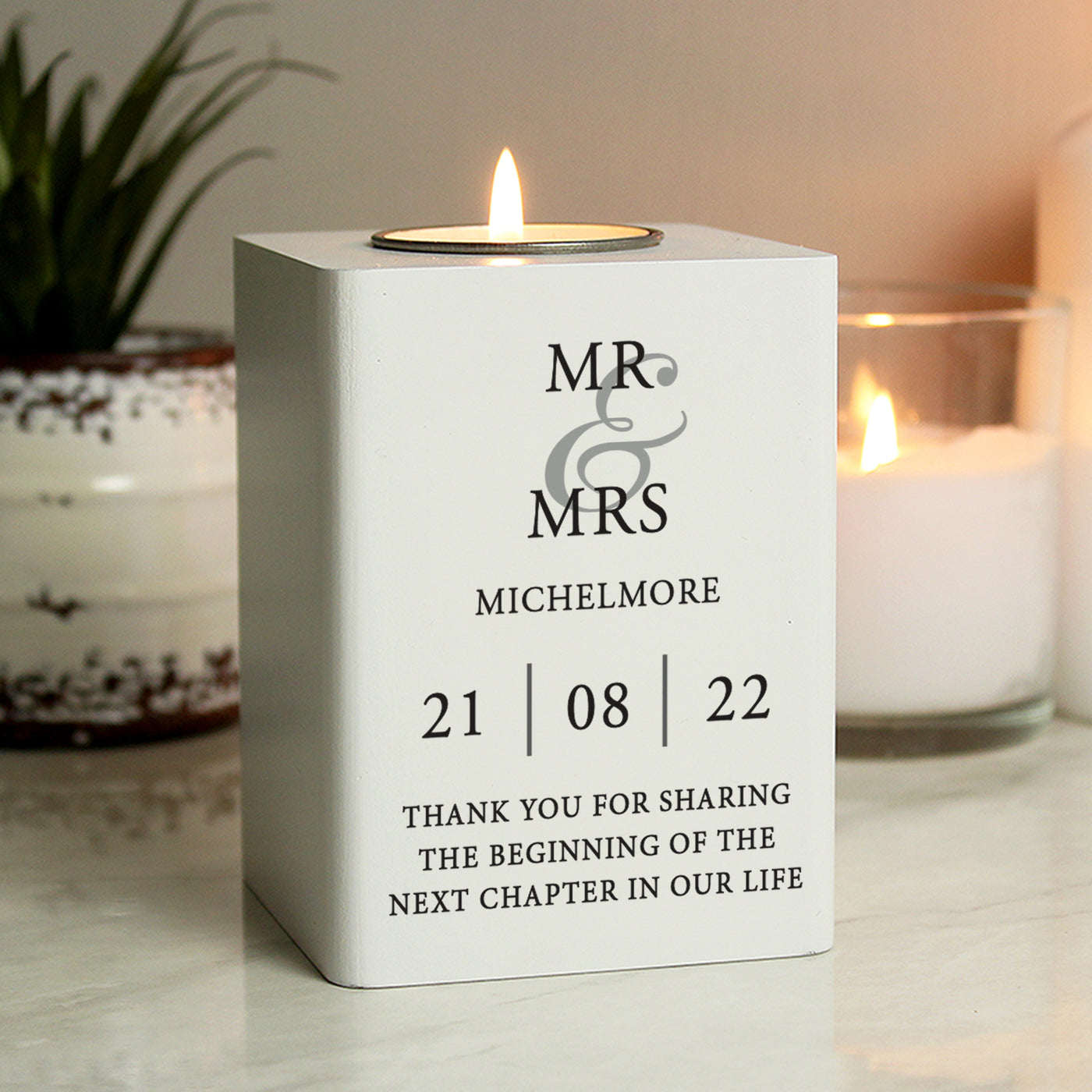 Personalised Couples White Wooden Tea light Candle Holder