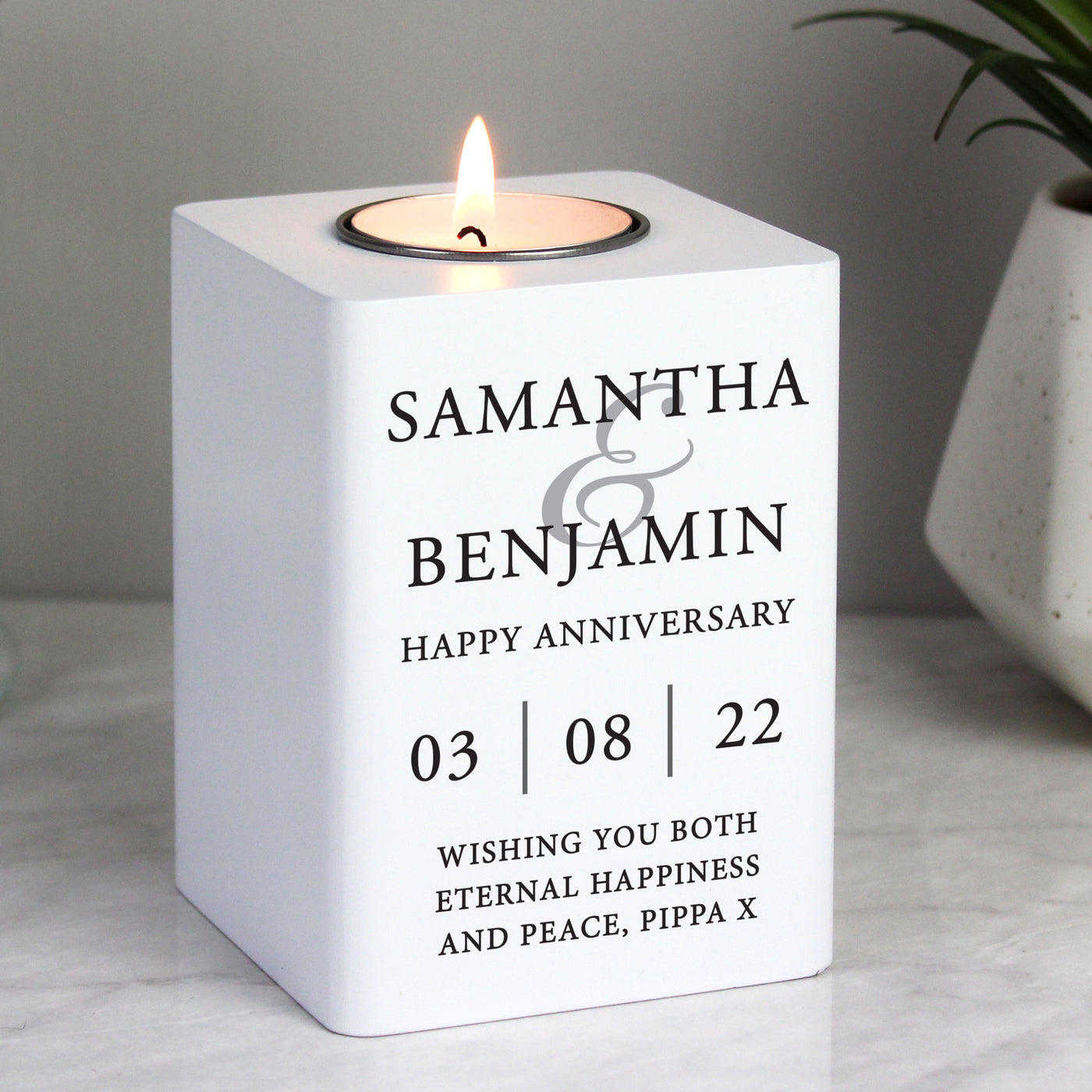 Personalised Couples White Wooden Tea light Candle Holder