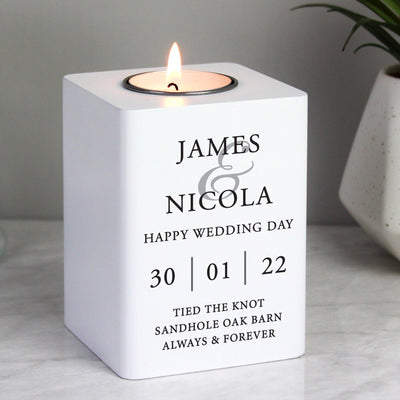 Personalised Couples White Wooden Tea light Candle Holder