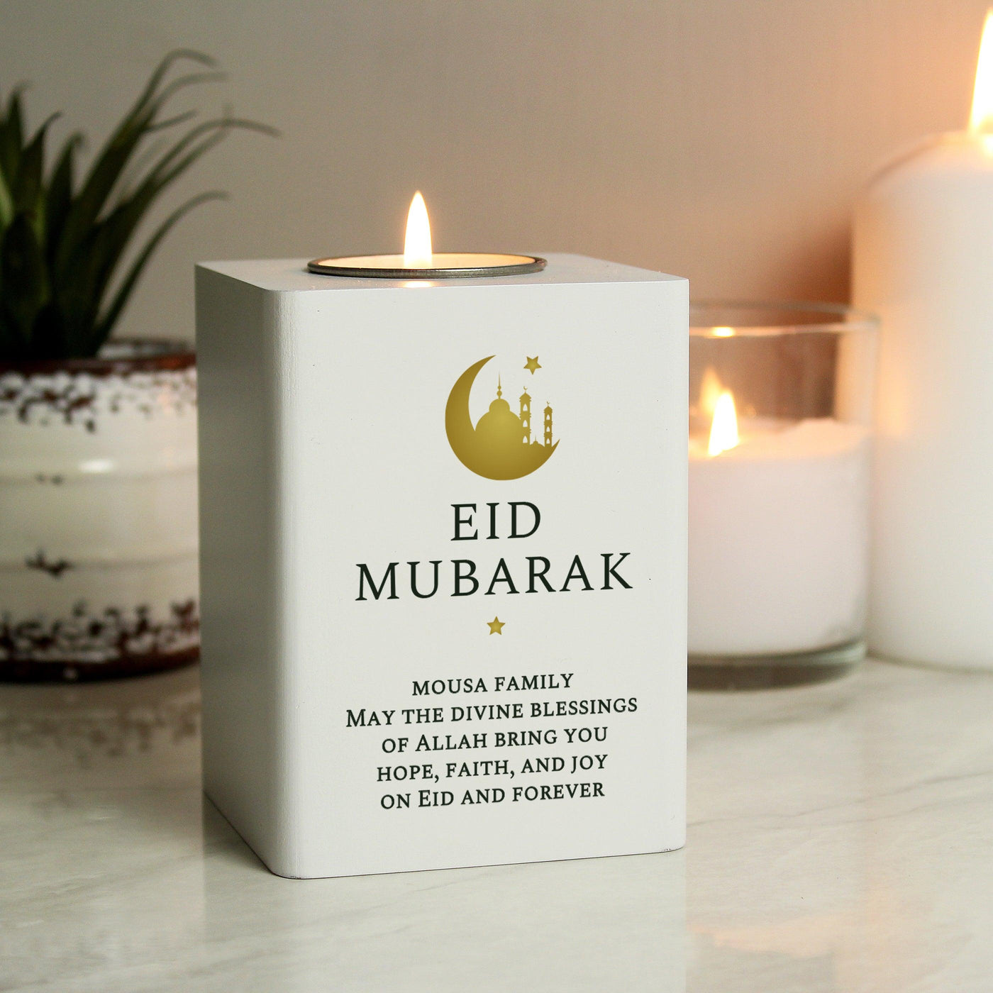 Personalised Eid White Wooden Tea light Holder - Shop Personalised Gifts
