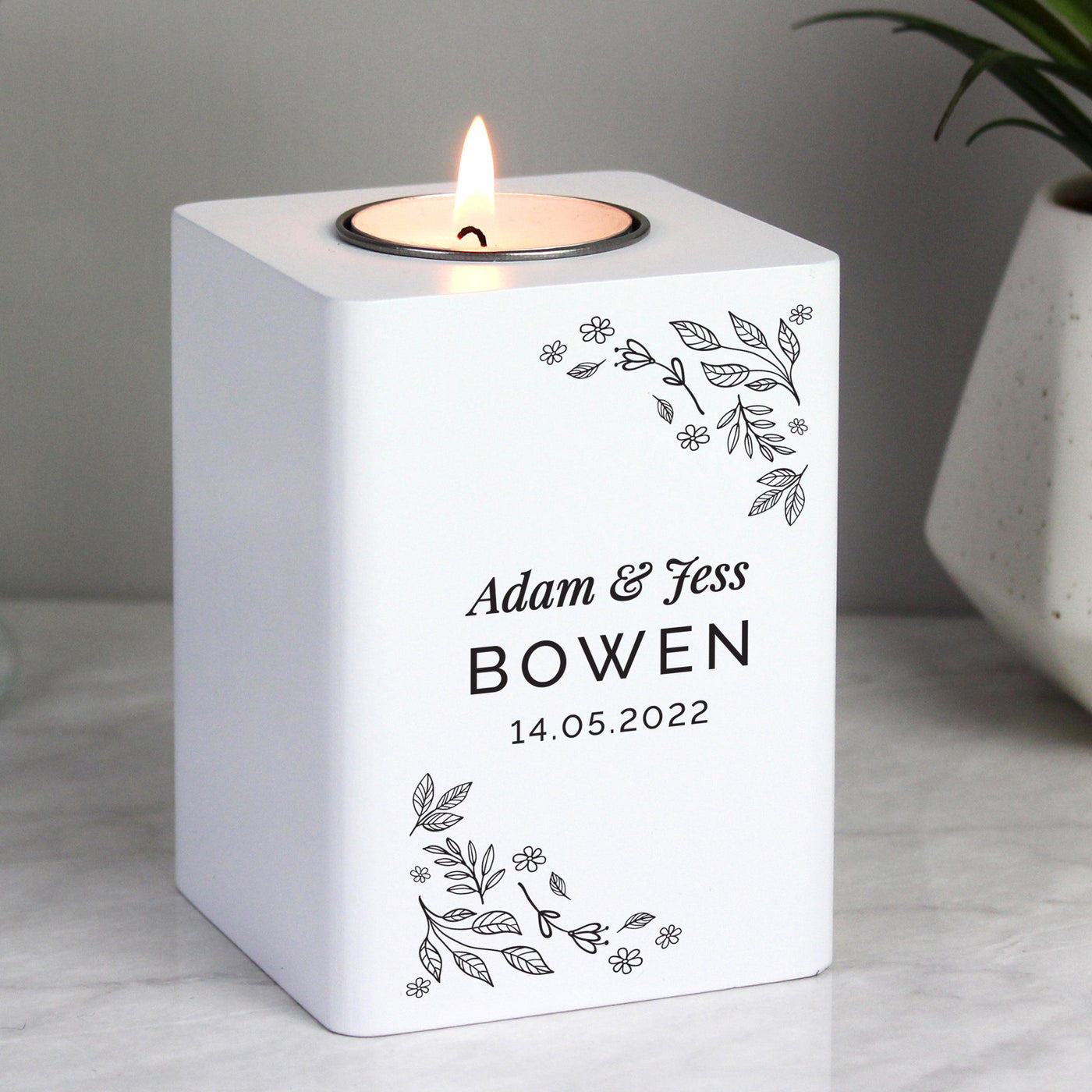 Personalised Floral Leaf White Wooden Tea Light Candle Holder - Shop Personalised Gifts