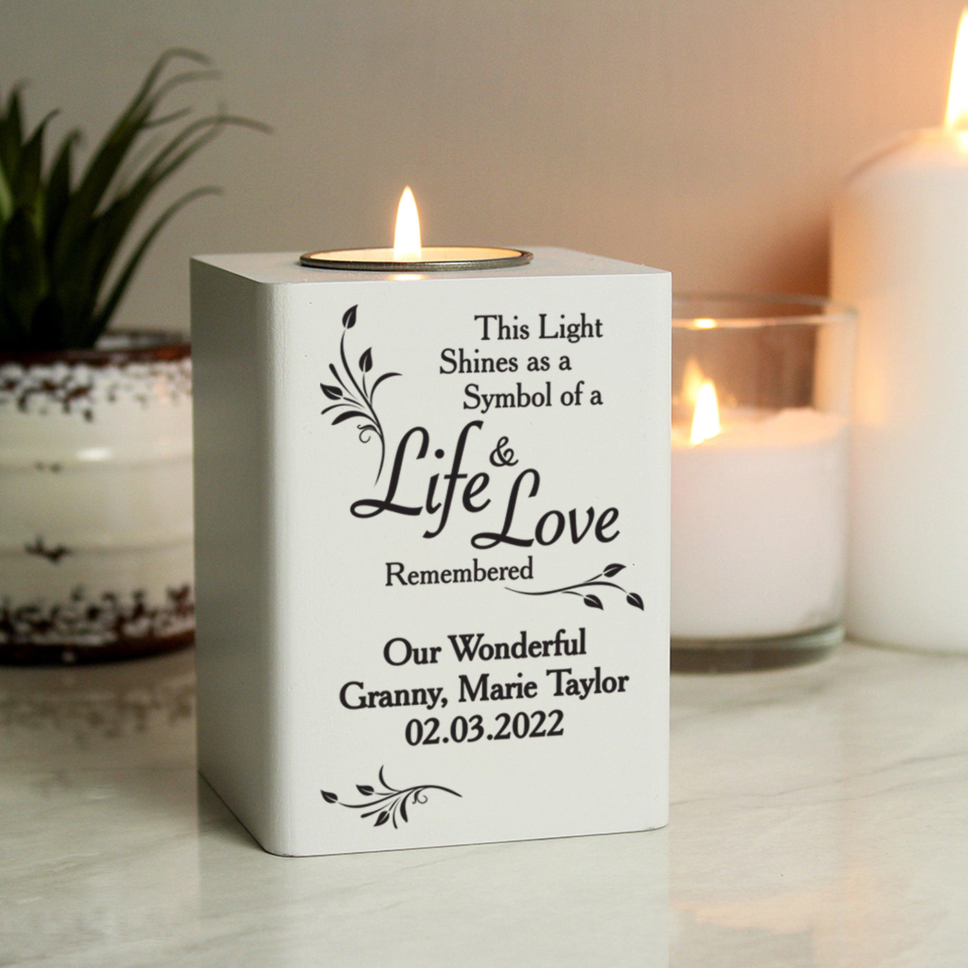 Personalised Life & Love White Wooden Tea Light Candle Holder - Shop Personalised Gifts