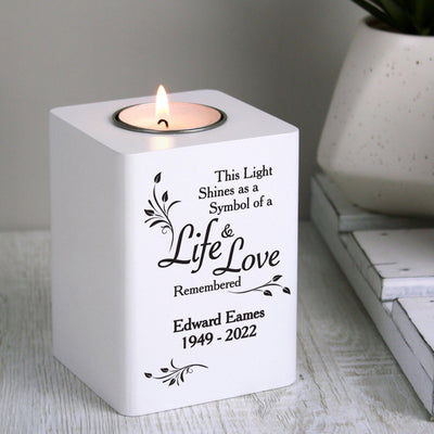 Personalised Life & Love White Wooden Tea Light Candle Holder - Shop Personalised Gifts