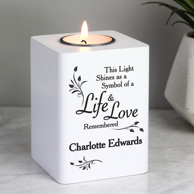 Personalised Life & Love White Wooden Tea Light Candle Holder - Shop Personalised Gifts