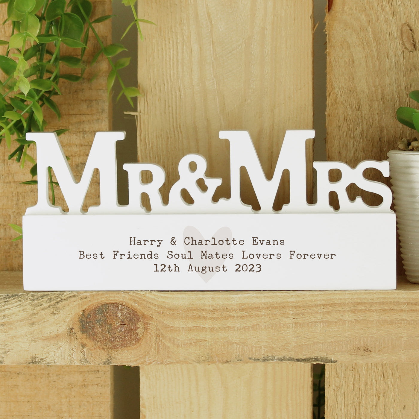 Personalised Free Text Heart Wooden Mr & Mrs Ornament