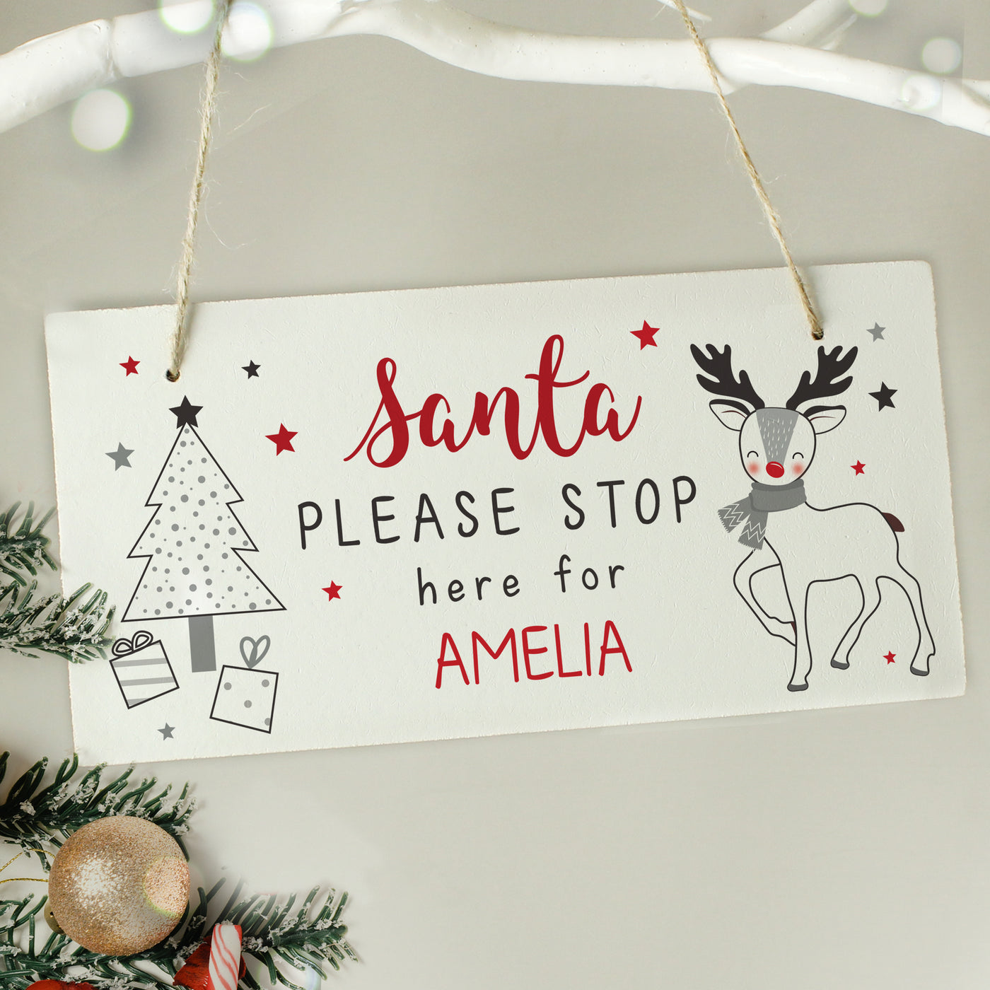 Personalised Rudolph Santa Please Stop Here Hanging Sign
