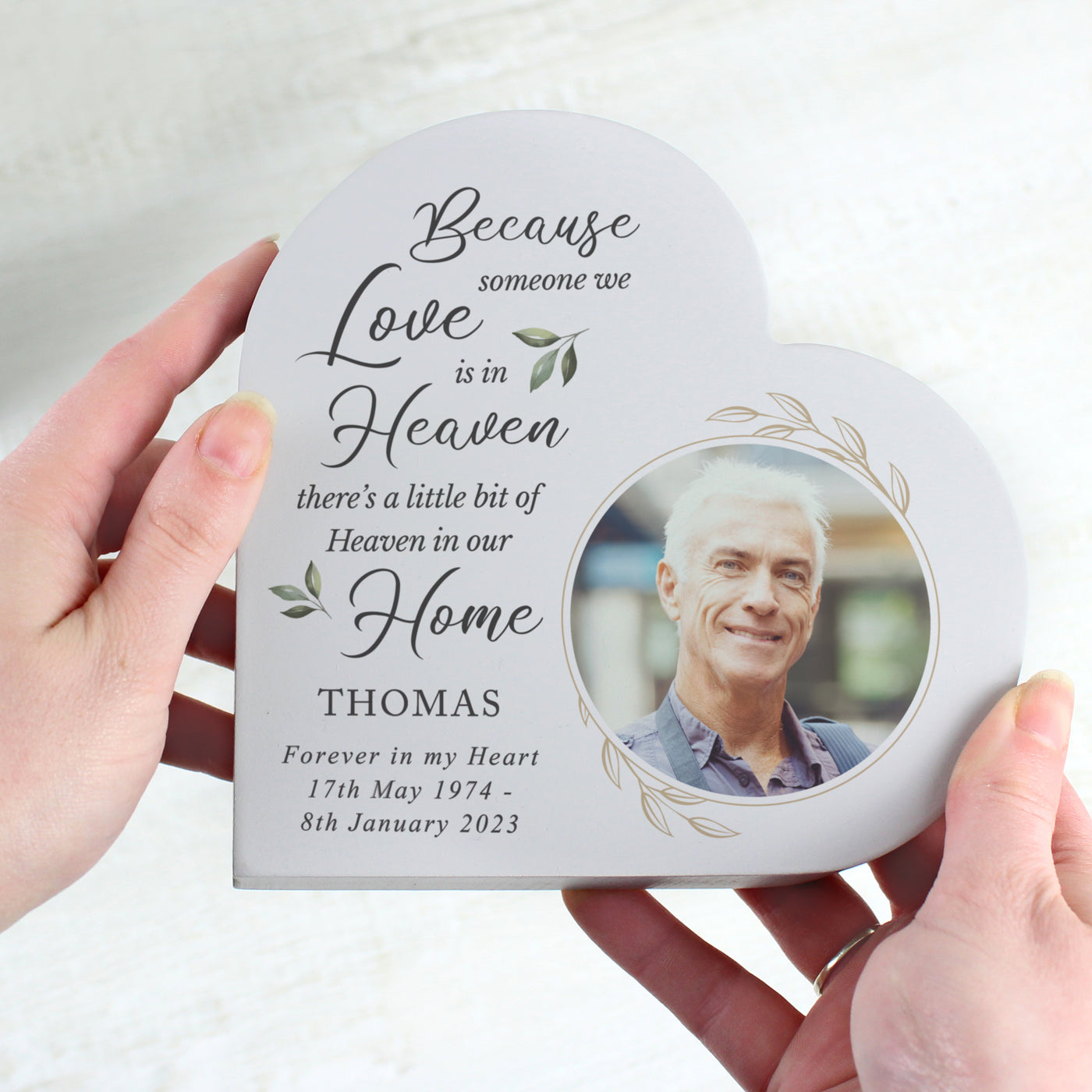 Personalised Botanical Memorial Photo Upload Free Standing Heart Ornament