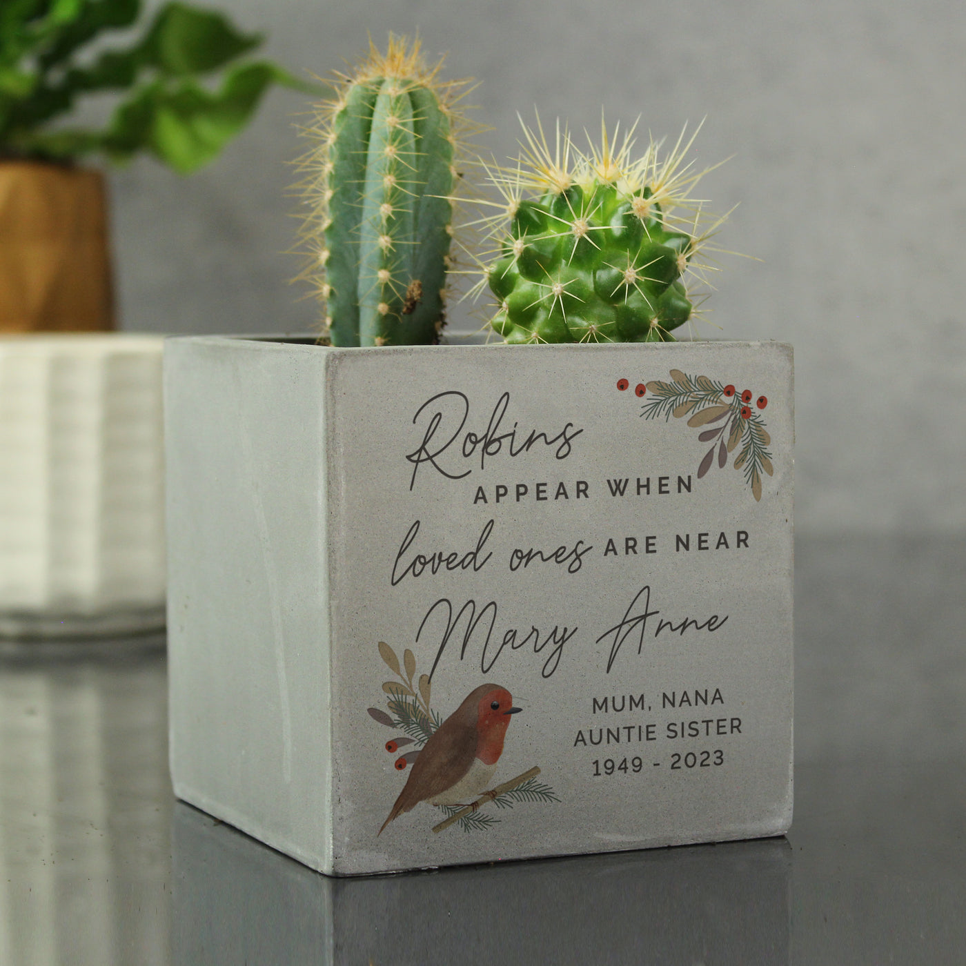 Personalised Robins Appear Concrete Plant Pot