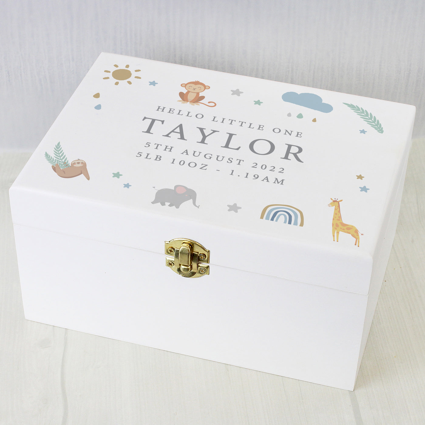 Personalised Safari Animals White Wooden Keepsake Box