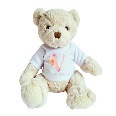 Teddy Bear with Personalised Initial with Teddies Shirt Blue or Pink