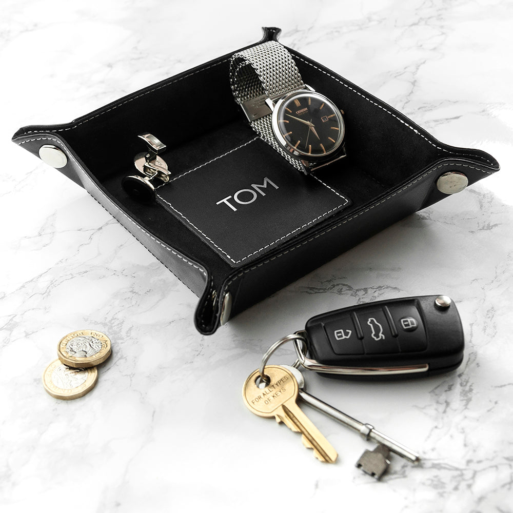 Luxury Black Personalised PU Leather Valet Tray