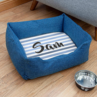 Personalised Blue Comfort Pet Bed With Blue Stripe Design - Shop Personalised Gifts